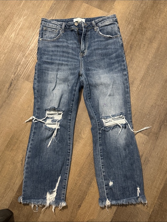 Risen Jeans Denim - Women’s Risen Distressed Mid-Blue Boyfriend Jeans with Frayed Hem